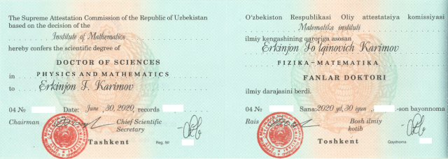 Karimov DSc copy no numbers